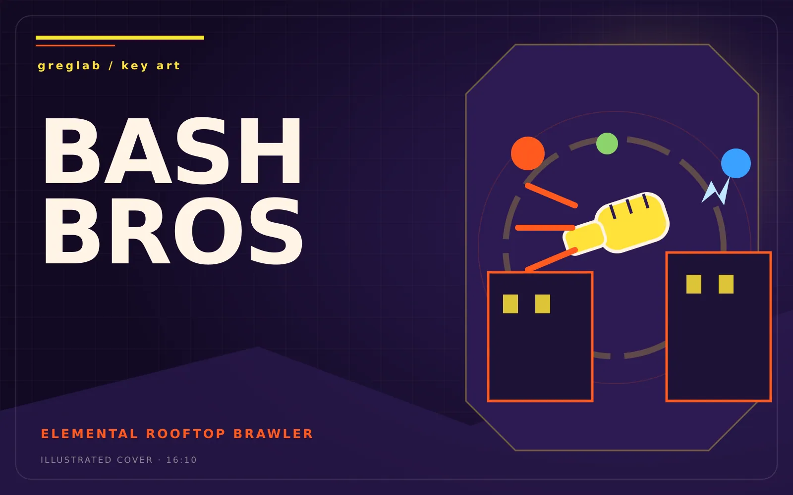 Illustrated key art for Bash Bros with a glowing fist between two rooftops and elemental orbs
