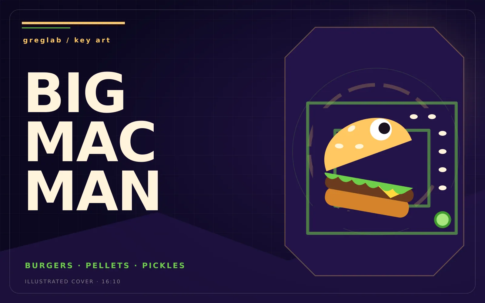 Illustrated key art for Big Mac Man with a chomping cartoon burger chasing sesame seed pellets through a neon maze