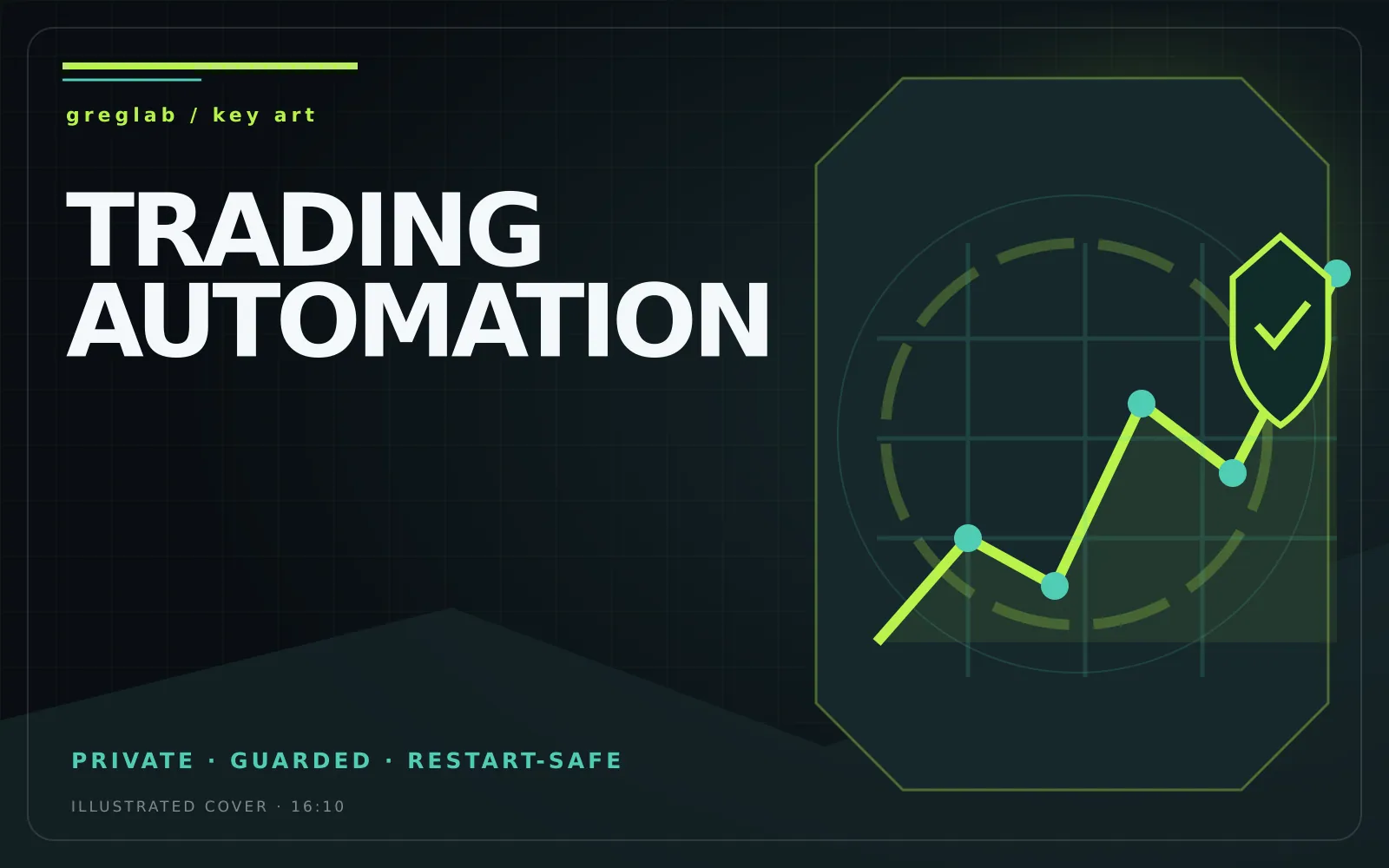 Illustrated key art for private trading automation with a guarded signal chart