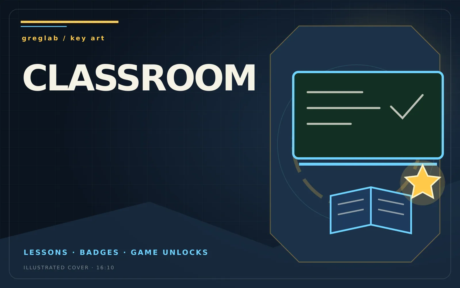 Illustrated key art for Classroom with a chalkboard, an open book, and a gold star badge