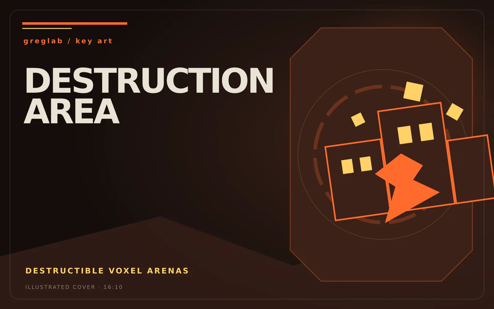 Illustrated key art for Destruction Area with a voxel city breaking apart