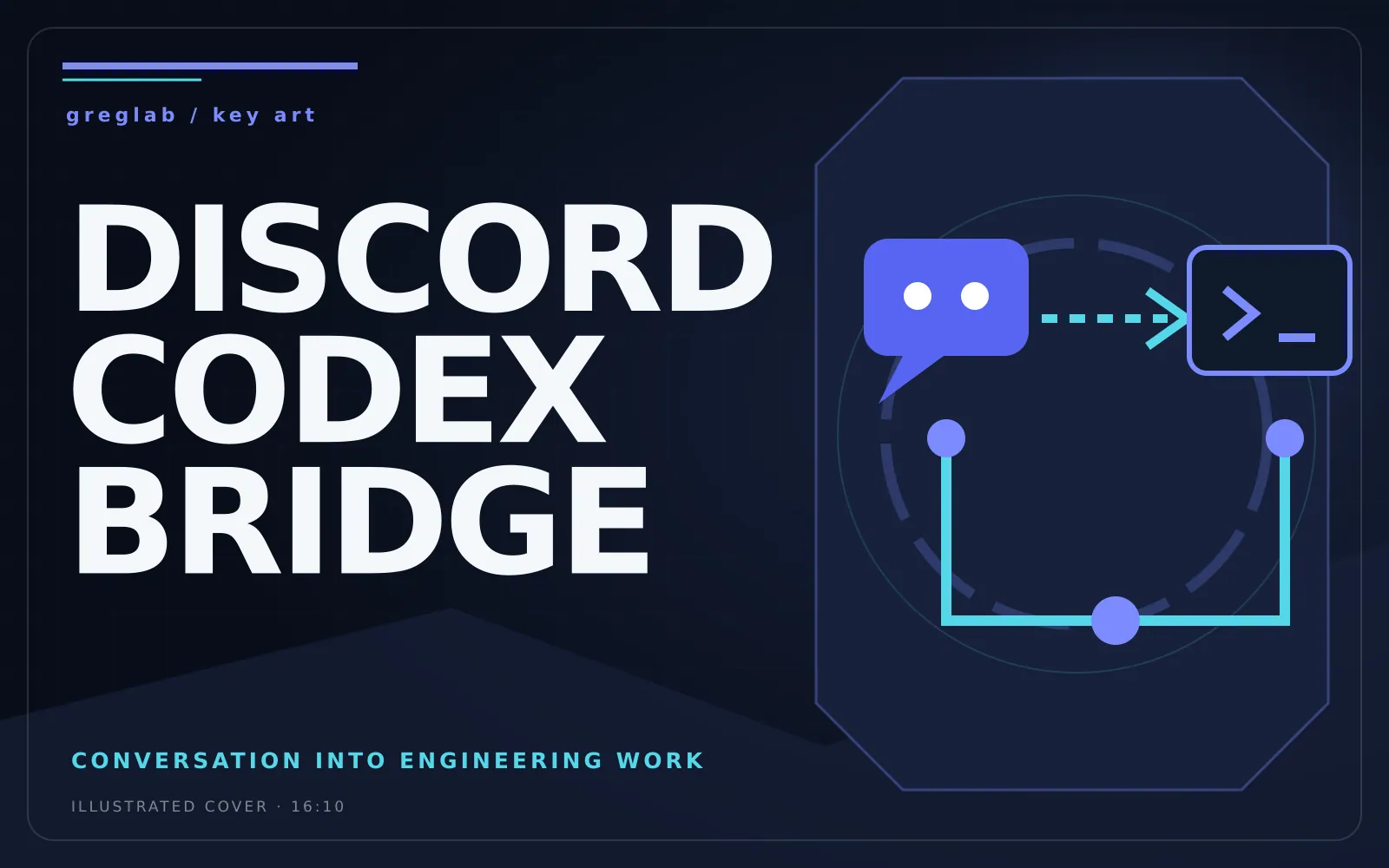 Illustrated key art for Discord Codex Bridge showing messages flowing into engineering work