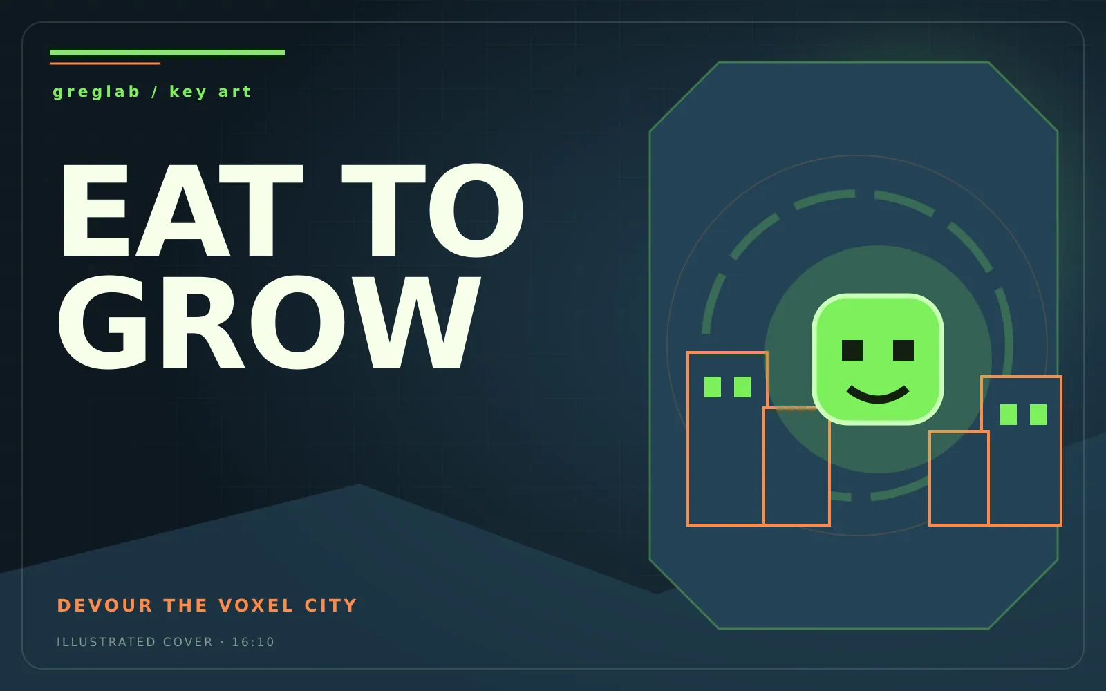 Illustrated key art for Eat To Grow with an oversized blocky character above a voxel city