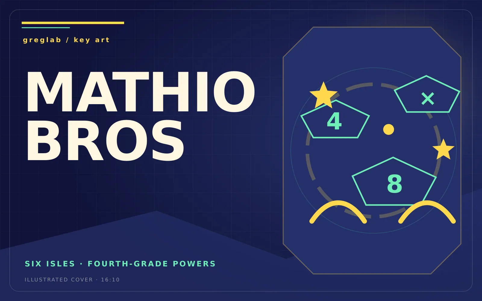 Illustrated key art for Mathio Bros with floating isles, stars, and numbers