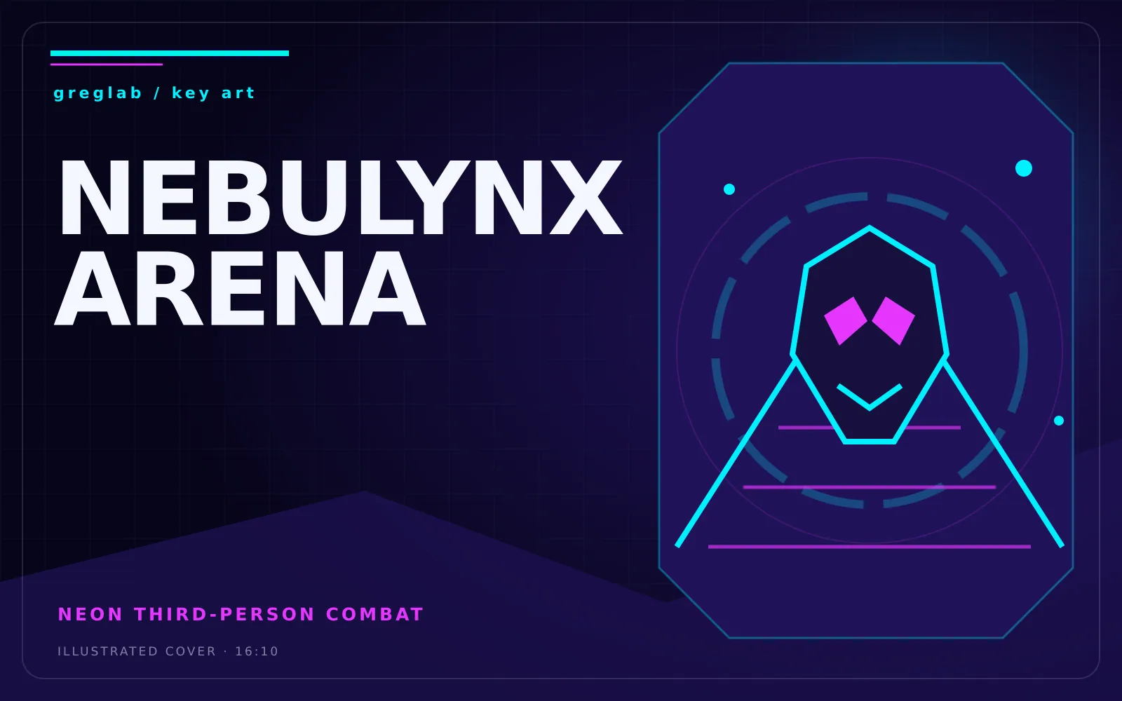 Illustrated key art for Nebulynx Arena with a neon armored arena fighter