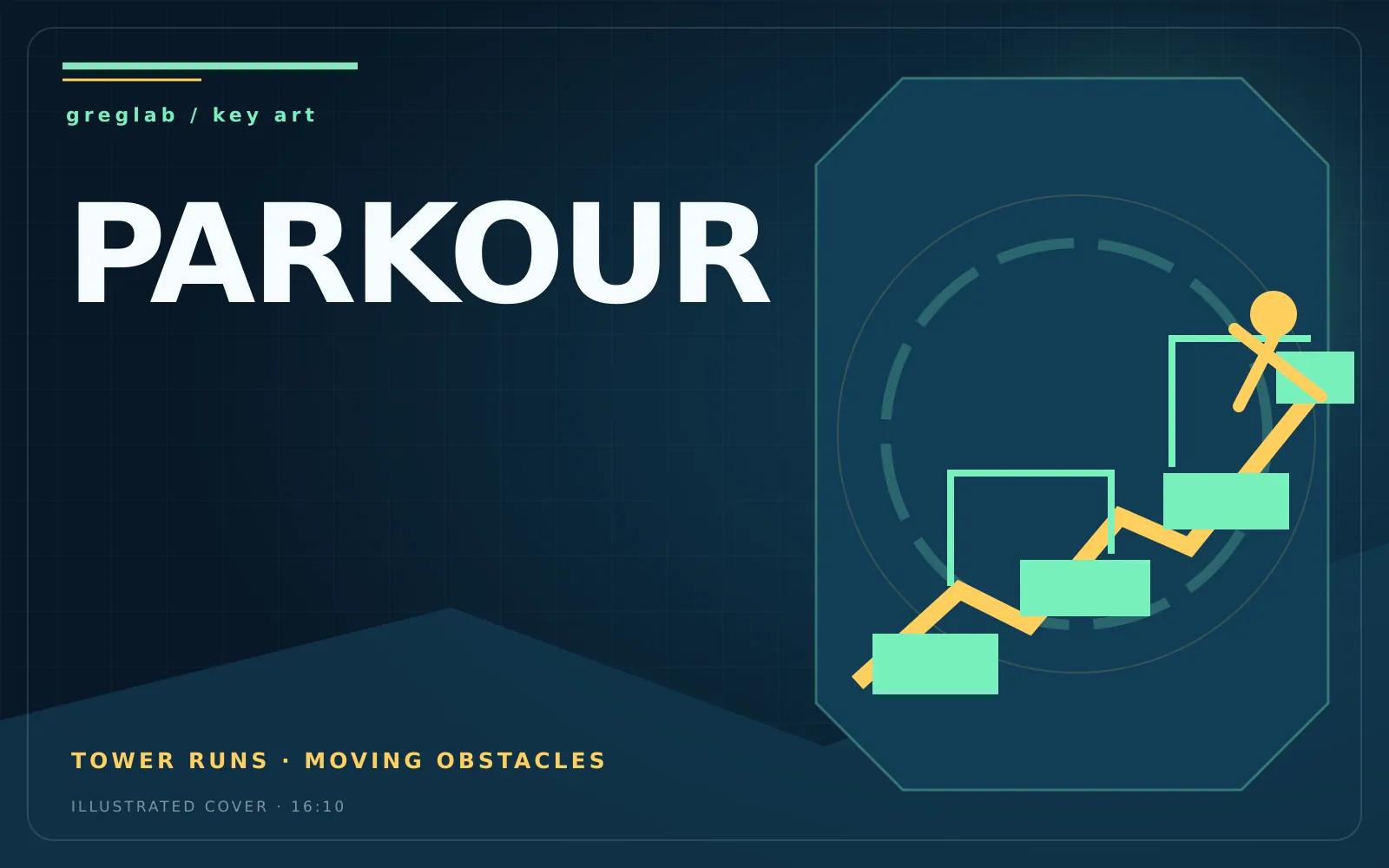 Illustrated key art for Parkour with a runner climbing geometric obstacle platforms