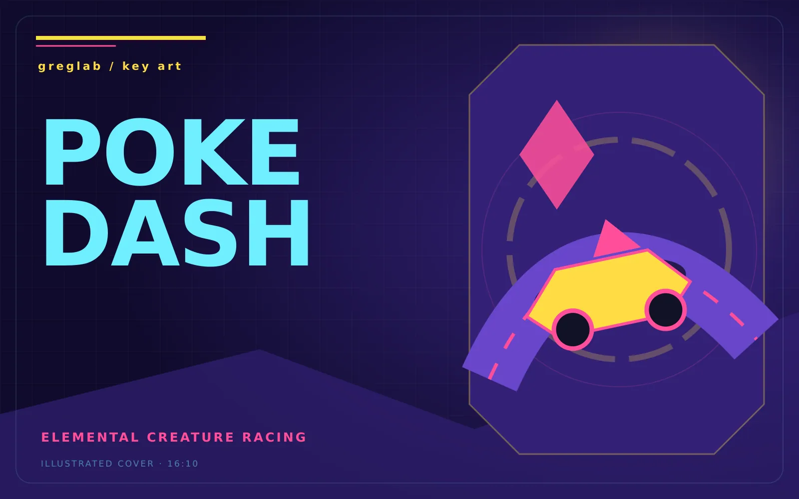 Illustrated key art for Poke Dash with a colorful creature kart on a curved track