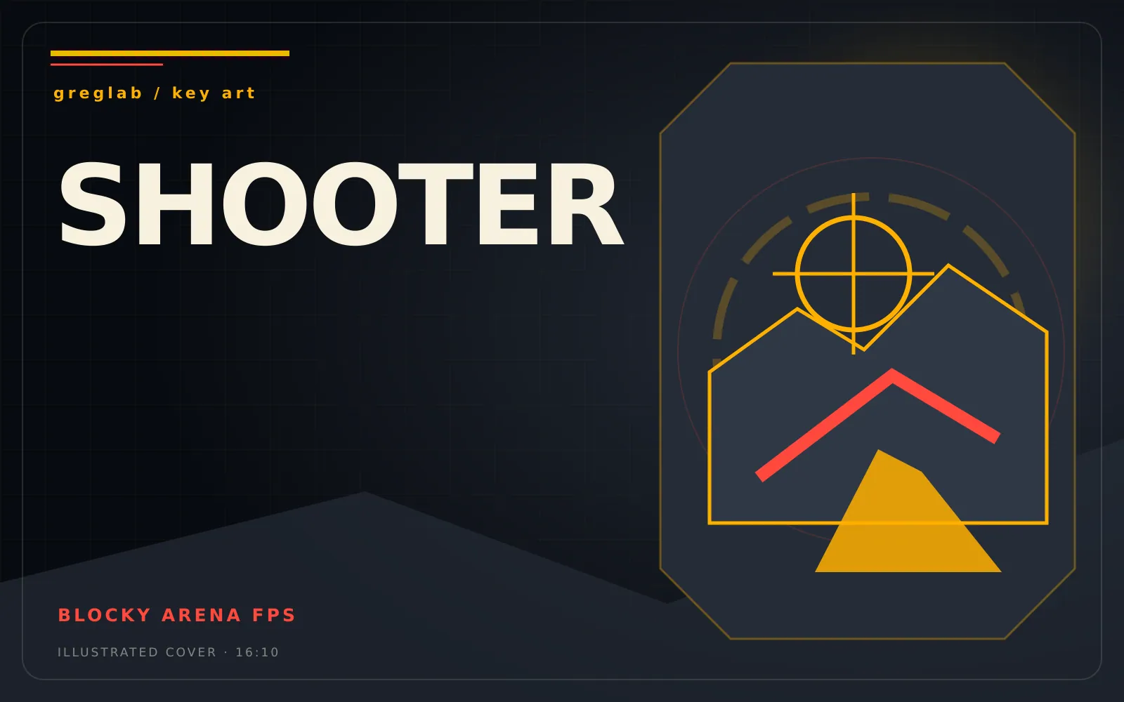 Illustrated key art for Shooter with a blocky arena and targeting reticle