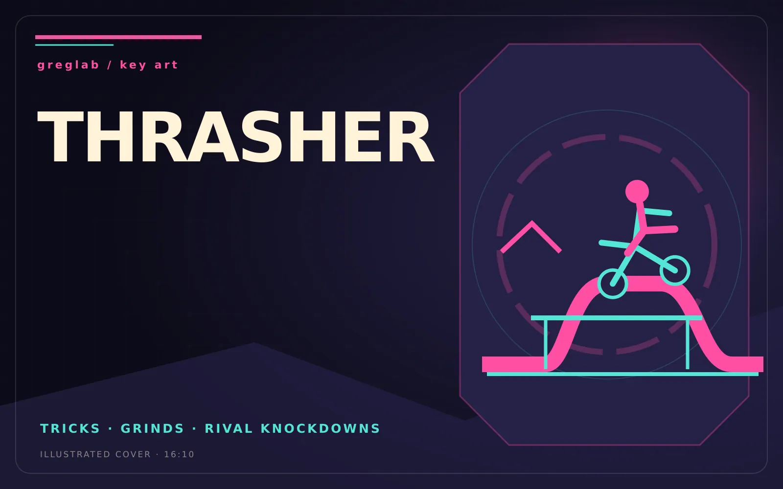 Illustrated key art for Thrasher with a rider, skate ramp, and linked rail
