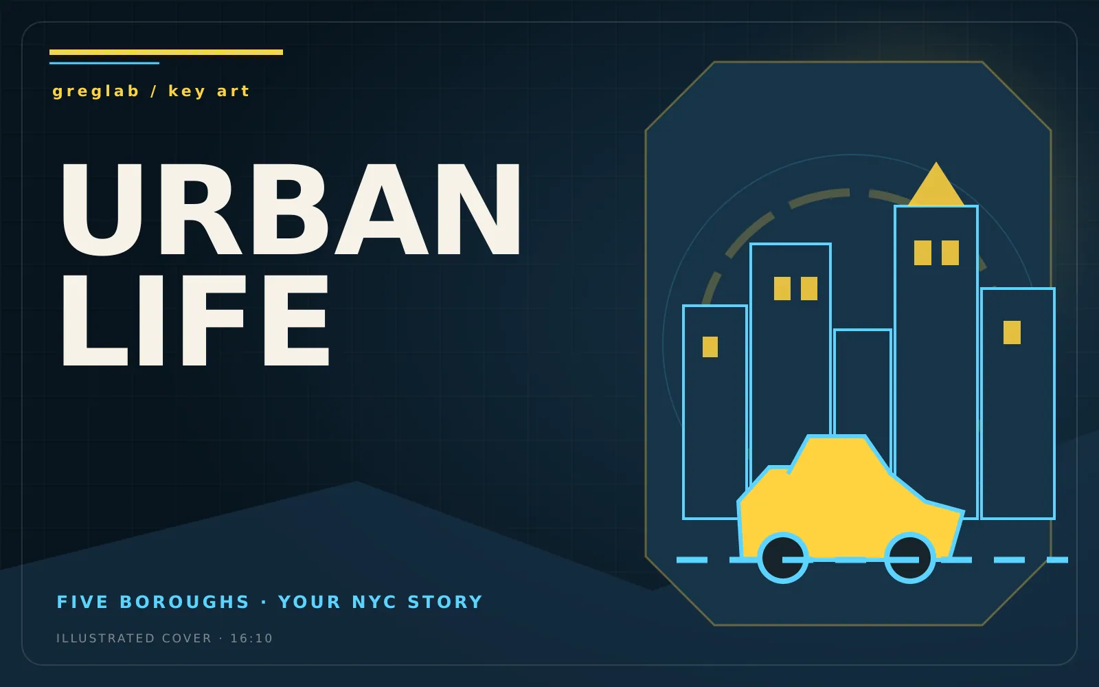 Illustrated key art for Urban Life with a city skyline and yellow taxi