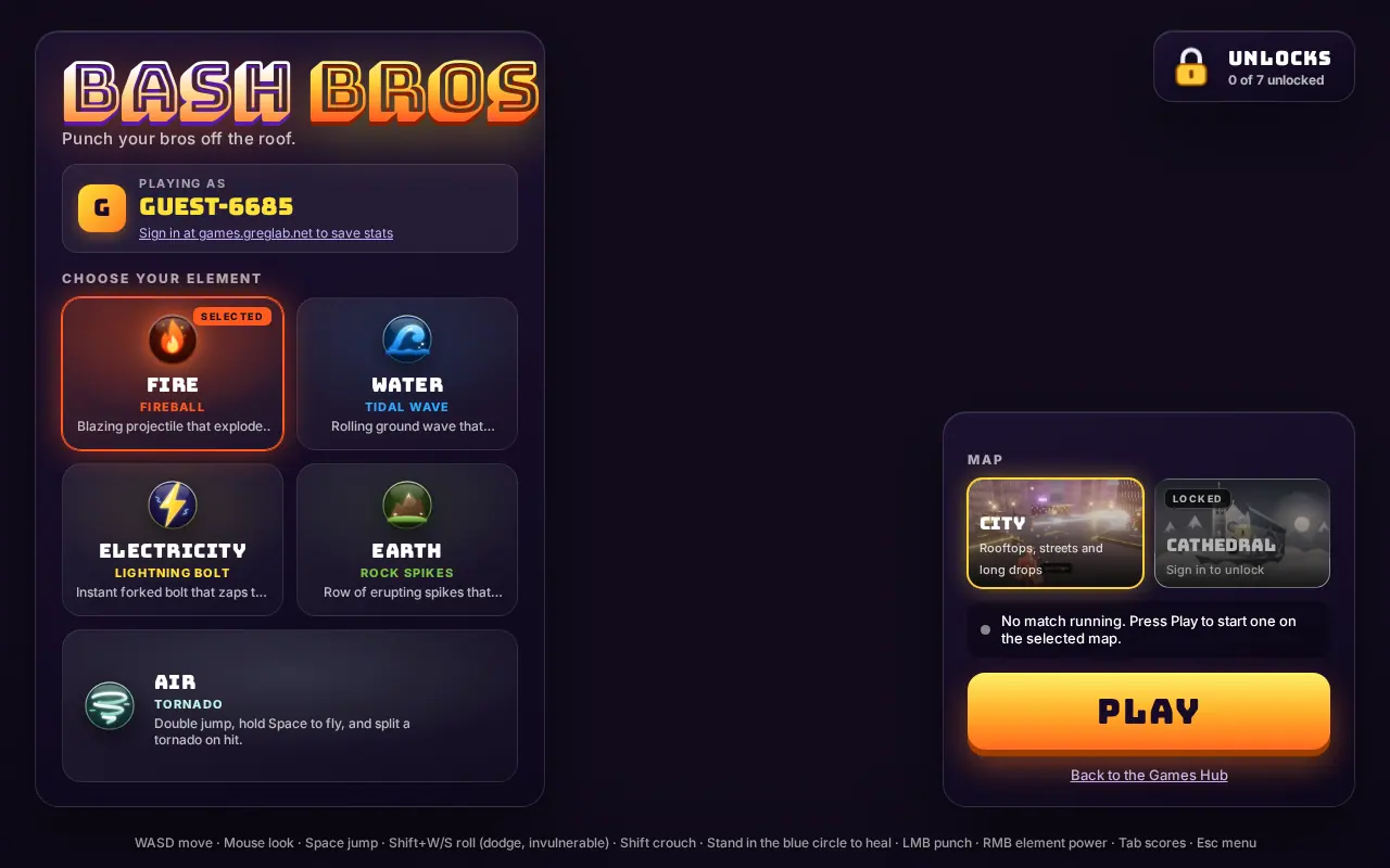 Bash Bros lobby with five element cards, the City and locked Cathedral maps, and the Unlocks button