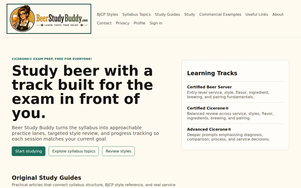 Beer Study Buddy home page with Cicerone study paths