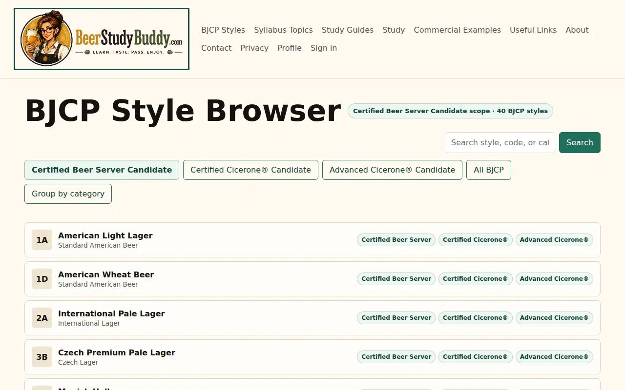 Beer Study Buddy BJCP style browser