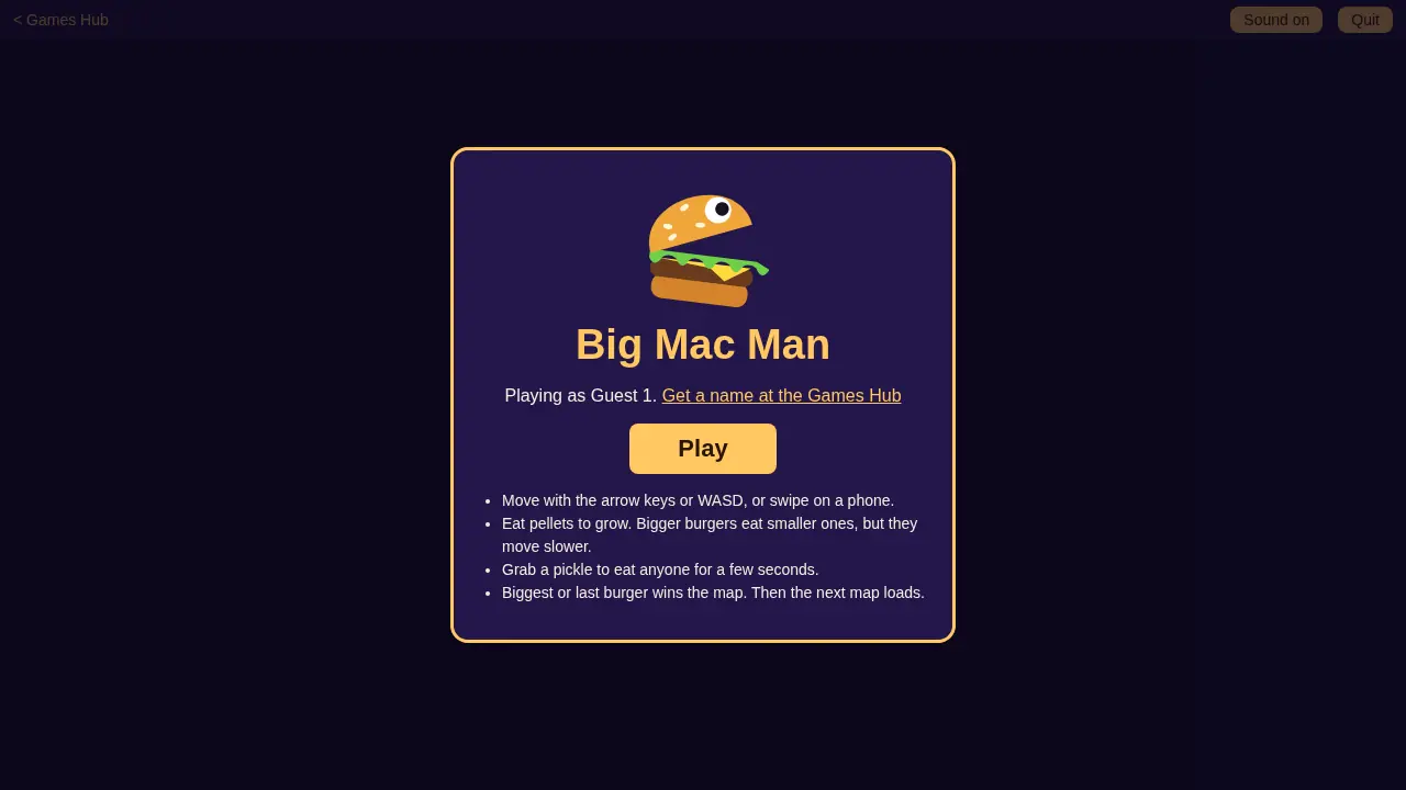 Big Mac Man title screen with a chomping burger, a Play button, and short instructions