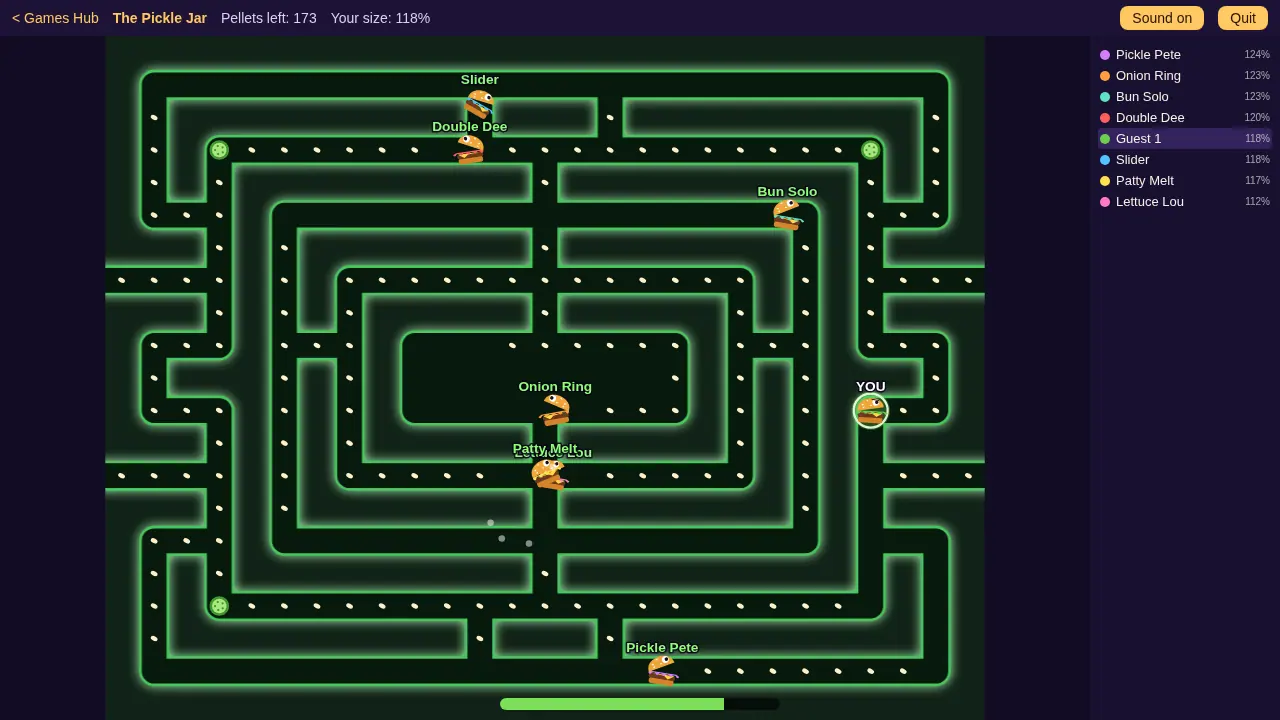 Eight cartoon burgers with name tags moving through a glowing green maze of sesame seed pellets and pickles, beside a live size leaderboard