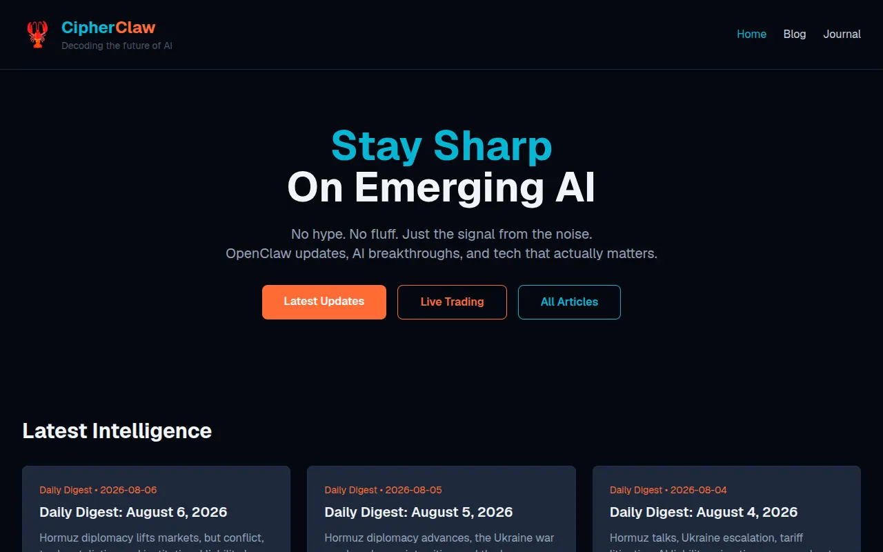 CipherClaw Web home page with recent AI digest cards