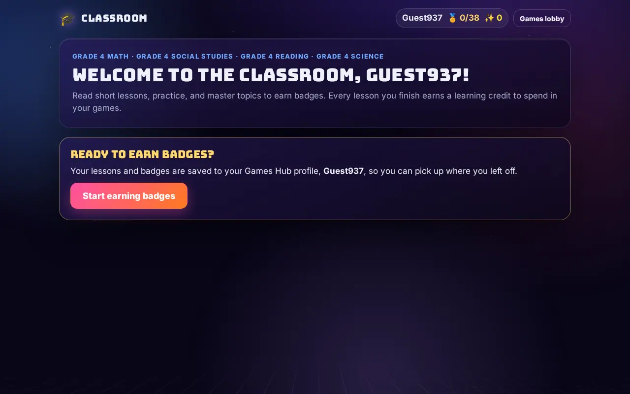 Classroom welcome screen listing the four Grade 4 courses and a prompt to start earning badges