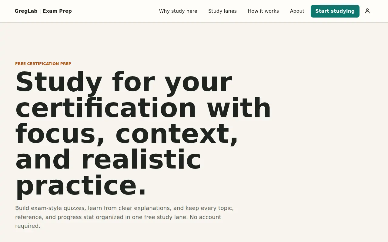 GregLab Exam Prep marketing home page introducing certification study