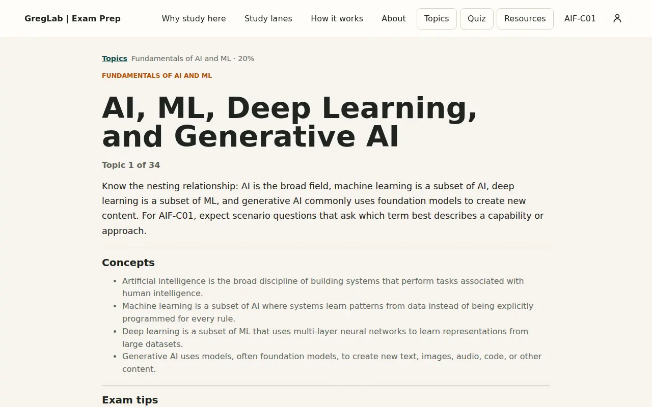 GregLab Exam Prep AIF-C01 foundational AI and machine learning topic page