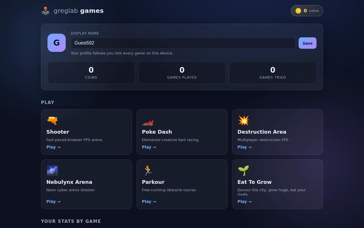 greglab Games lobby showing the browser game collection
