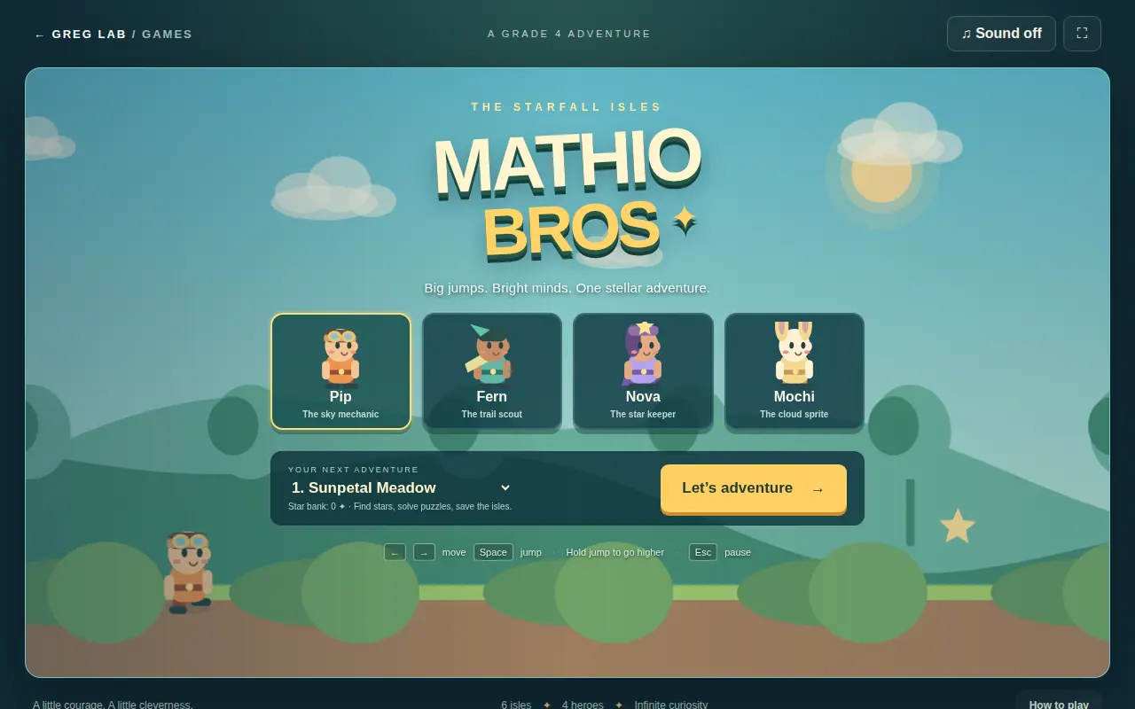 Mathio Bros opening screen with four hero choices and the first Starfall Isle