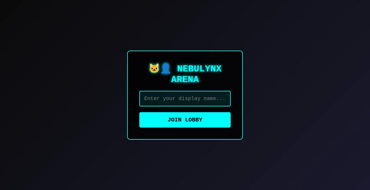 Nebulynx Arena neon title and matchmaking screen