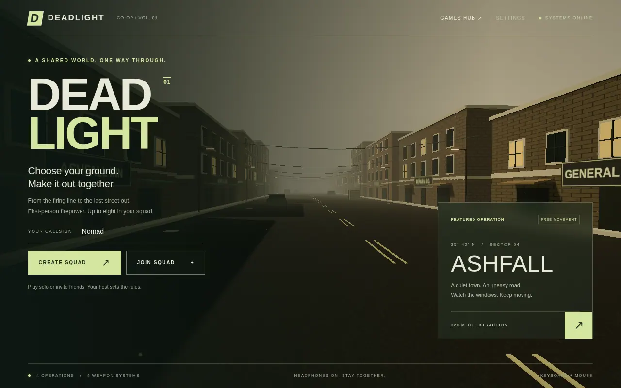 Deadlight opening screen with squad controls and the featured Ashfall operation