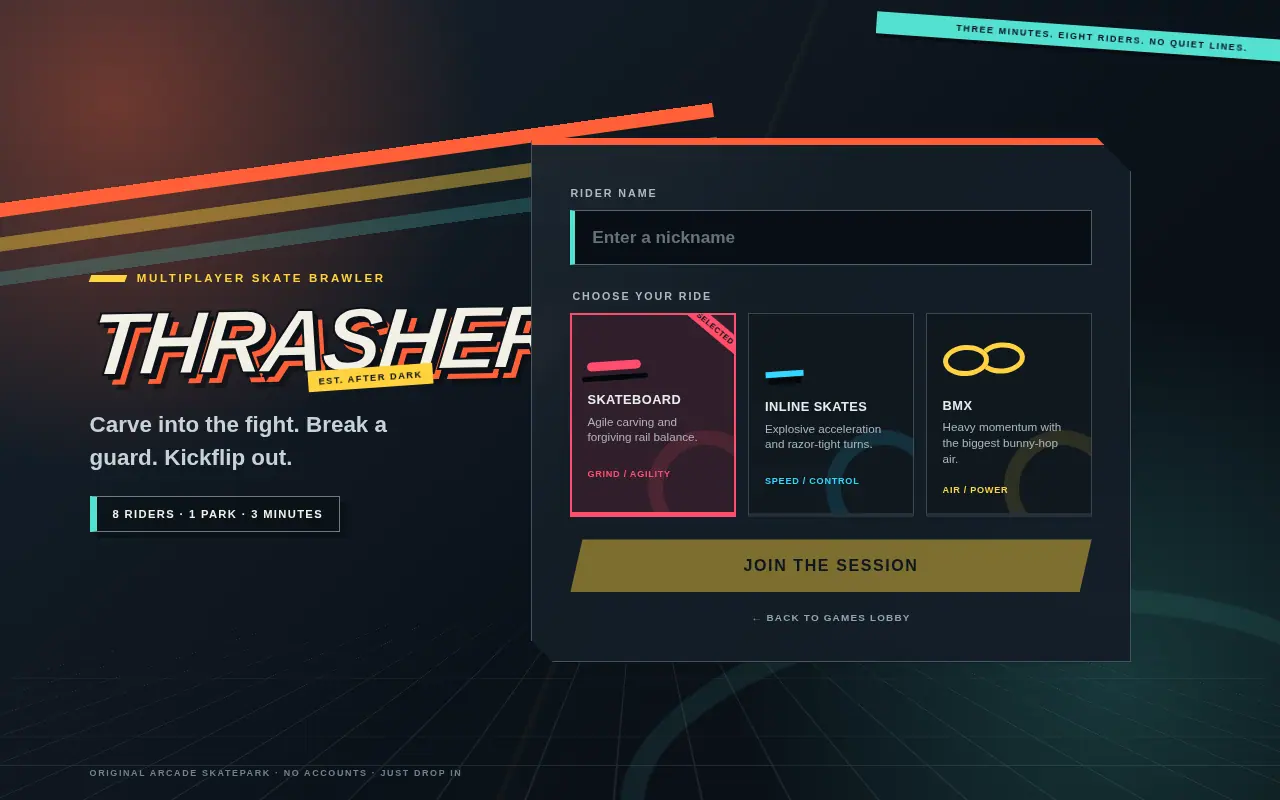 Thrasher opening screen with rider name and skateboard, inline skate, and BMX choices