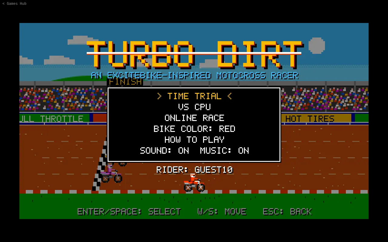 Turbo Dirt title screen with the race mode menu over a pixel-art motocross stadium